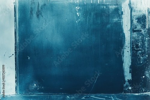 A cyanotype of an empty blue rectangular sheet, with some small ink stains on it