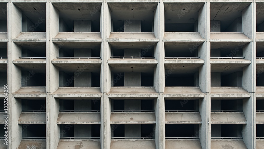 Brutalist concrete building with grid facade sharp shadows Brutalist concrete building with grid facade sharp shadows