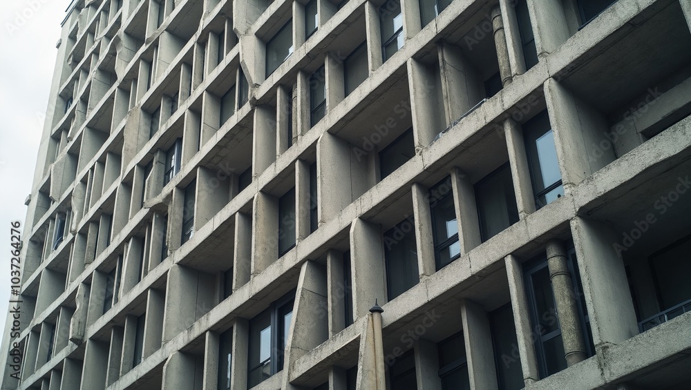 Brutalist concrete building with grid facade sharp shadows Brutalist concrete building with grid facade sharp shadows