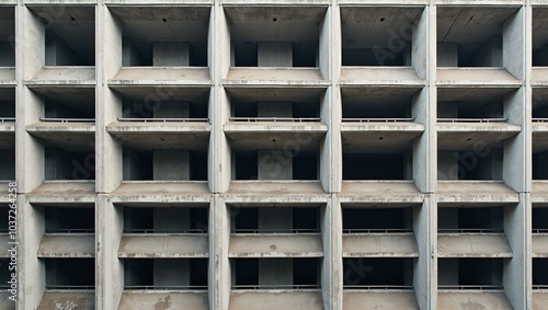 Brutalist concrete building with grid facade sharp shadows