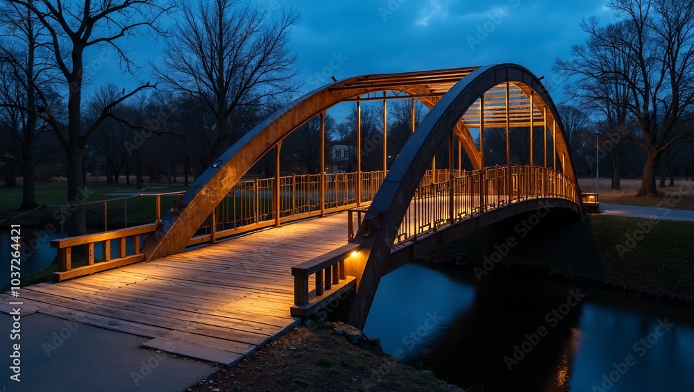 Fototapeta premium Elegant arched bridge over river with illuminated path at night