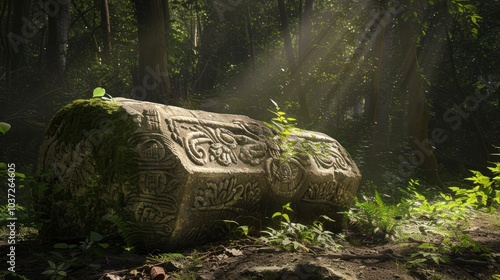 Ancient Stone Carving in a Lush Forest photo