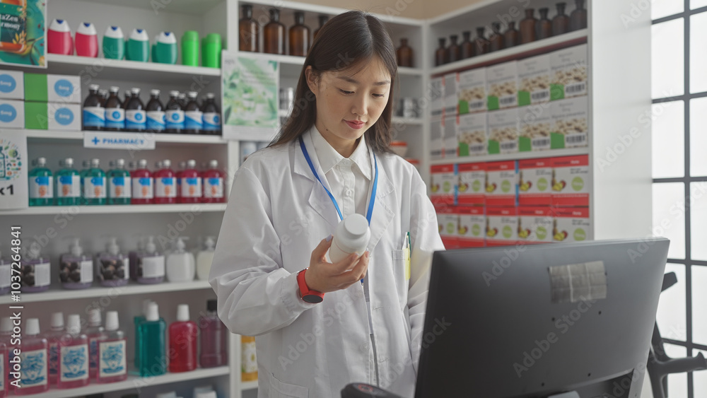 A young asian woman pharmacist examines medication in a modern drugstore with shelves of products. A young asian woman pharmacist examines medication in a modern drugstore with shelves of products.