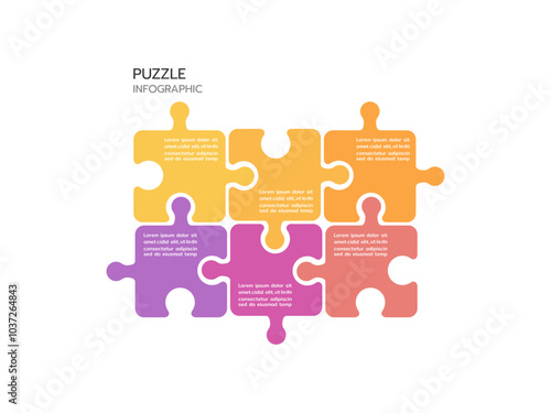 Puzzle infographic with 6 piece business presentation. Circle infograph. 6 Step puzzle round process diagram.