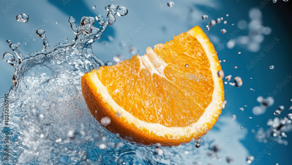 Fresh orange slice splashing in water, creating dynamic droplets and vibrant scene. bright color and motion evoke sense of freshness and vitality Fresh orange slice splashing in water, creating dynamic droplets and vibrant scene. bright color and motion evoke sense of freshness and vitality