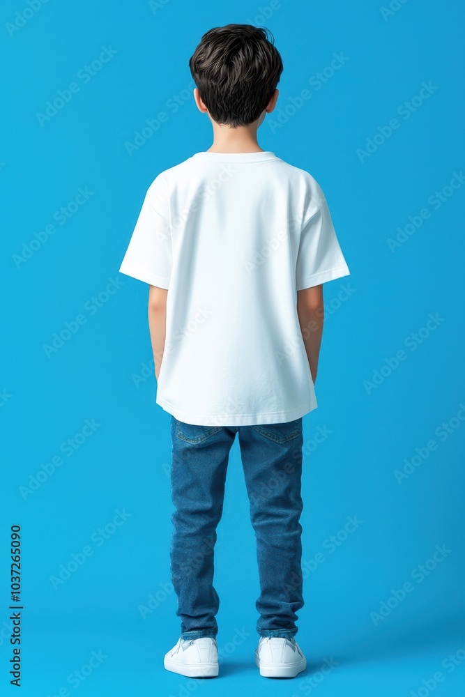 Fototapeta premium Boy in a white shirt standing against a blue background.