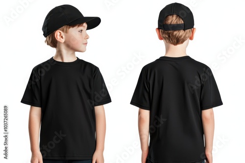 Wallpaper Mural Boy wearing black cap and t-shirt, standing sideways against white background. Torontodigital.ca