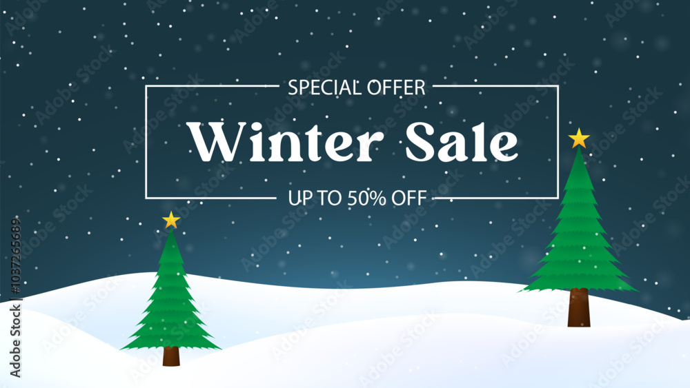 Winter sale banner template with snow flakes and forest, sale design Vector illustration. Snowdrifts. Snowfall. Clear blue sky. Snowy weather. Design elements for poster
Winter sale banner template with snow flakes and forest, sale design Vector illustration. Snowdrifts. Snowfall. Clear blue sky. Snowy weather. Design elements for poster