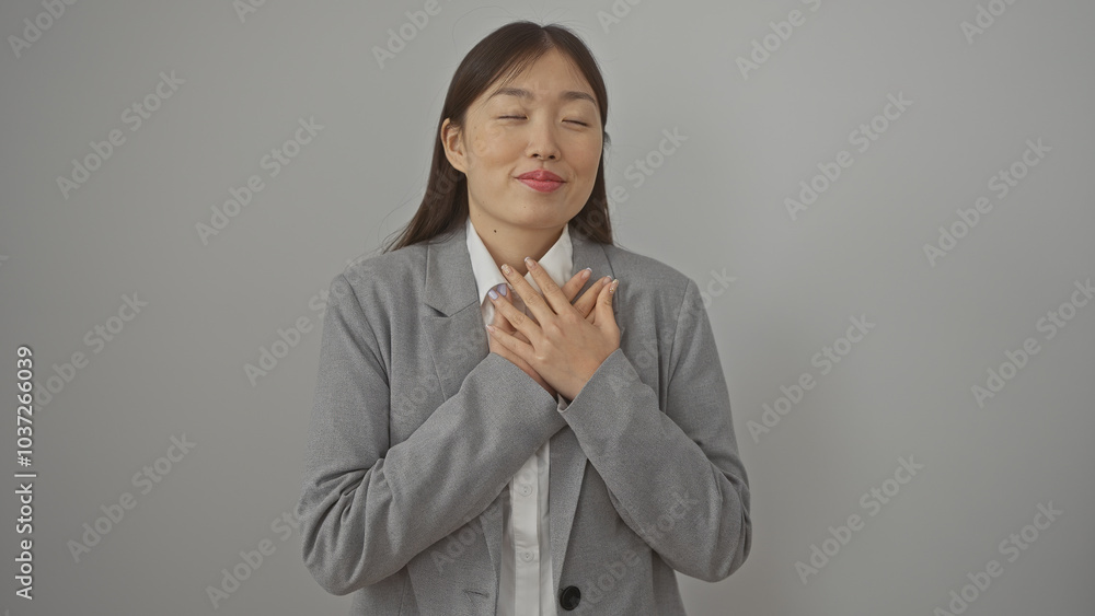Young asian woman with hands on heart, eyes closed, smiling, against a white background Young asian woman with hands on heart, eyes closed, smiling, against a white background