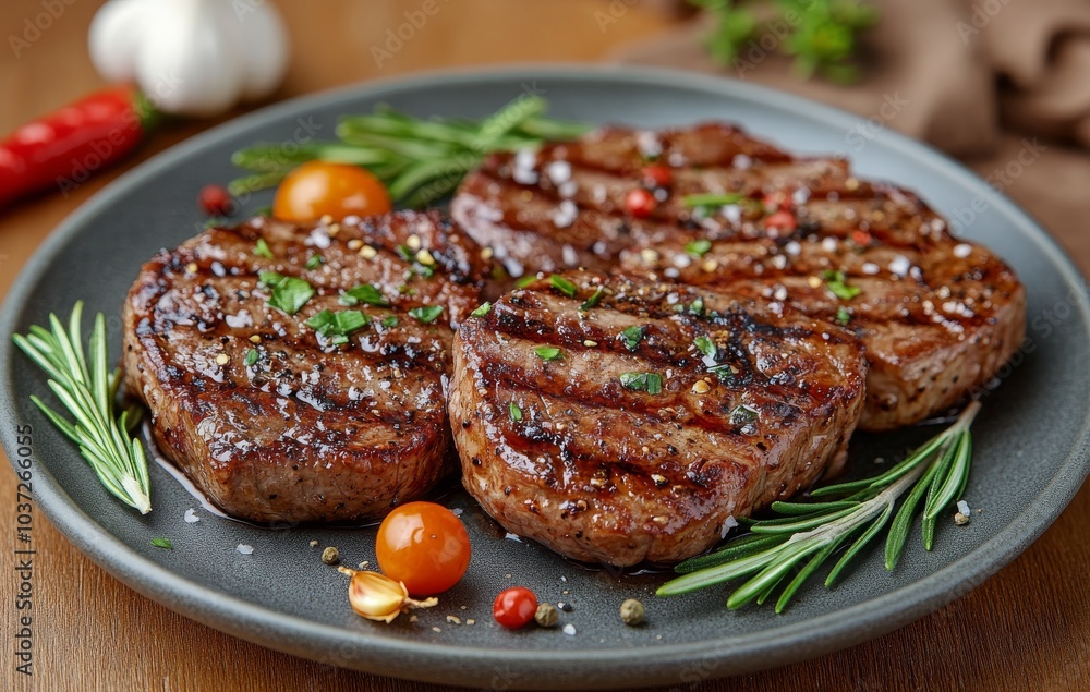 Juicy grilled steak served on a rustic plate with fresh herbs and ripe cherry tomatoes Juicy grilled steak served on a rustic plate with fresh herbs and ripe cherry tomatoes