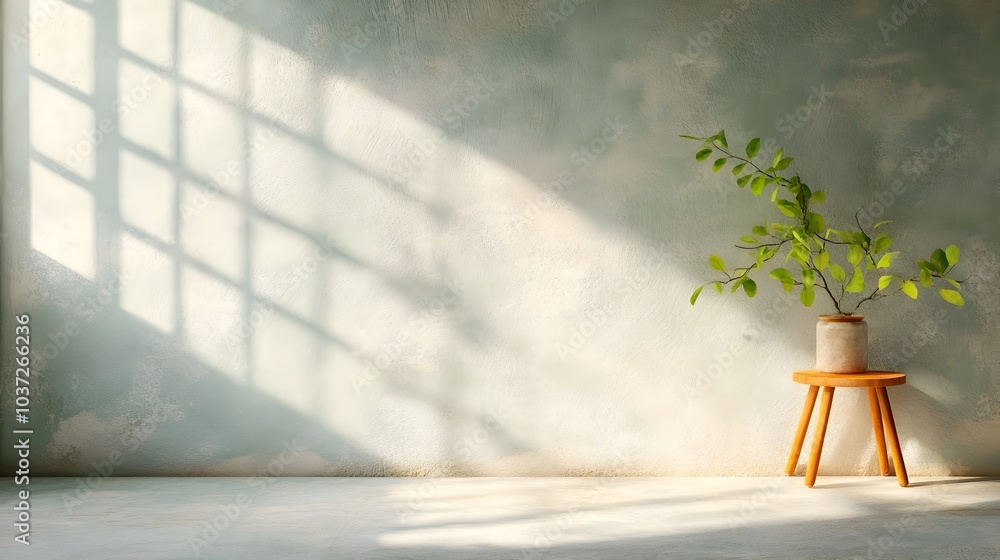 Elegant 3D studio room with marble background empty floor and wall product podium soft natural sunlight creating a shadow overlay from the window to the countertop mockup for product display