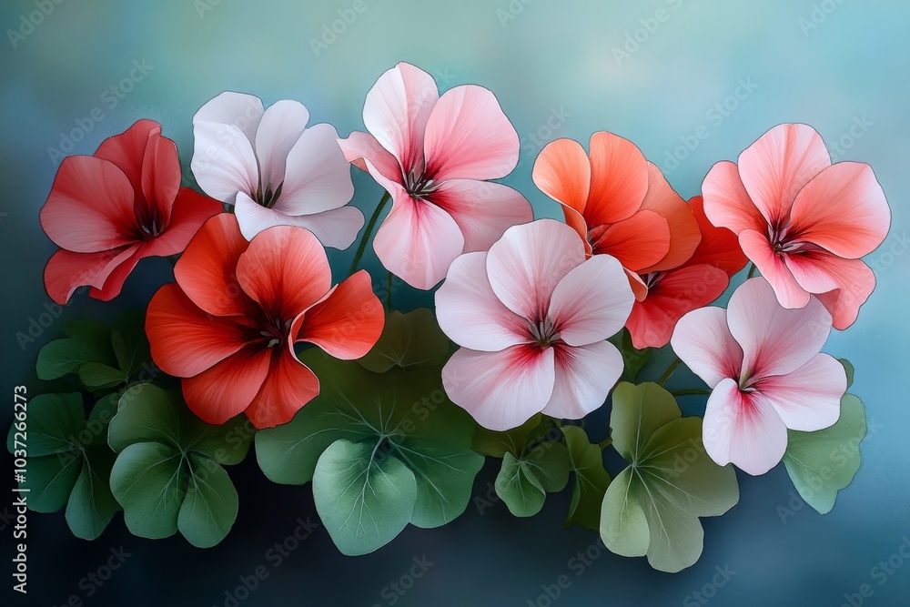 A soft watercolor painting of Geraniums in bloom, with delicate pinks and reds blending gently with soft green leaves A soft watercolor painting of Geraniums in bloom, with delicate pinks and reds blending gently with soft green leaves