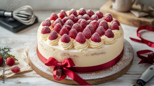 Delicious vanilla cake topped with fresh strawberries and cream on a wooden stand