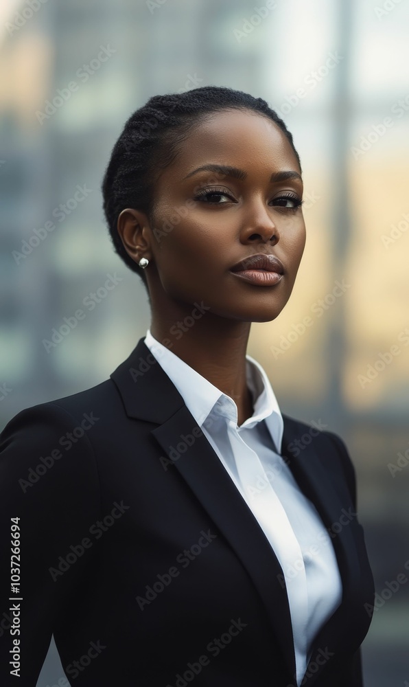 A woman in a suit looks directly at the camera. A woman in a suit looks directly at the camera.