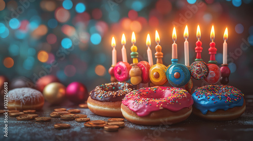 Hanukkah celebration on day eight with traditional menorah dreidels doughnuts and chocolate coins photo