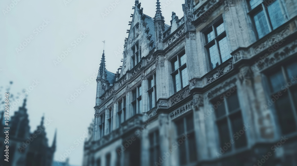Fototapeta premium A low angle view of a grand, old building with intricate details and tall windows.