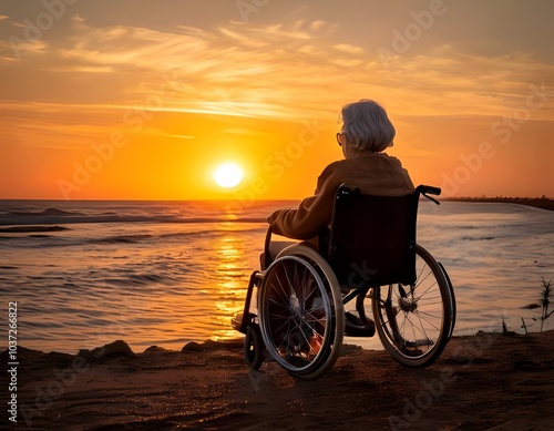 Old woman in wheelchair looking at the sunset