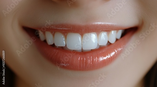 Close-up of a woman's bright smile, showcasing her white teeth and glossy lips.