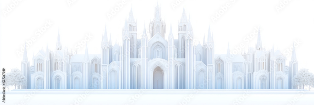 A white, detailed rendering of a gothic cathedral. A white, detailed rendering of a gothic cathedral.