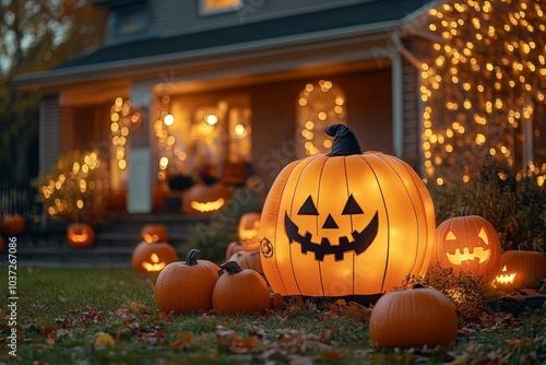 Halloween decoration in the front yard featuring spooky inflatable figures, pumpkins, and glowing lights, creating a festive atmosphere. Realistic photography on Fujifilm Pro 400H film stock. photo