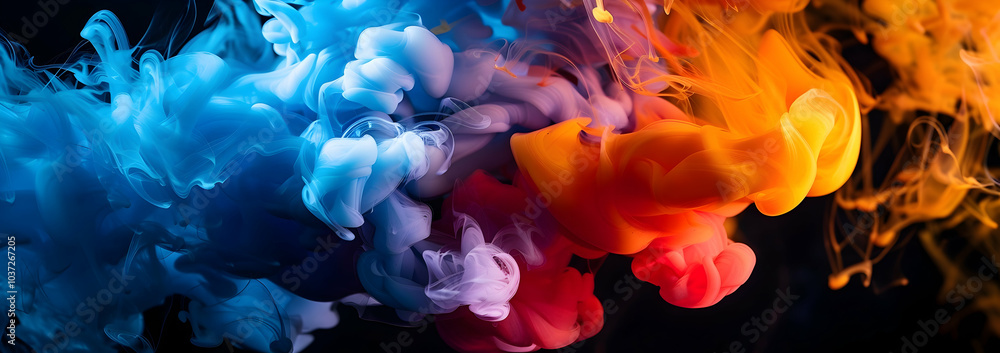 Black background, blue smoke, and red paint blend together to form colorful ink clouds. Black background, blue smoke, and red paint blend together to form colorful ink clouds.