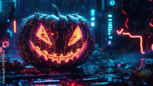 A glowing, futuristic pumpkin with a digital design, set in a neon-lit environment.