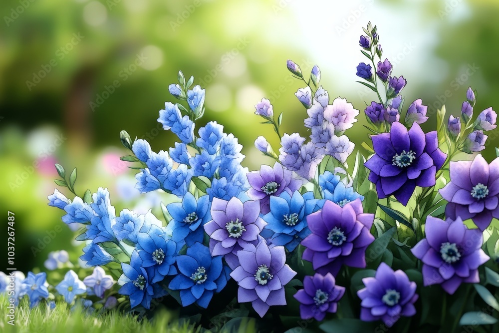 A watercolor illustration of Delphiniums and Campanula, with soft blues and purples blending together in a peaceful garden scene A watercolor illustration of Delphiniums and Campanula, with soft blues and purples blending together in a peaceful garden scene