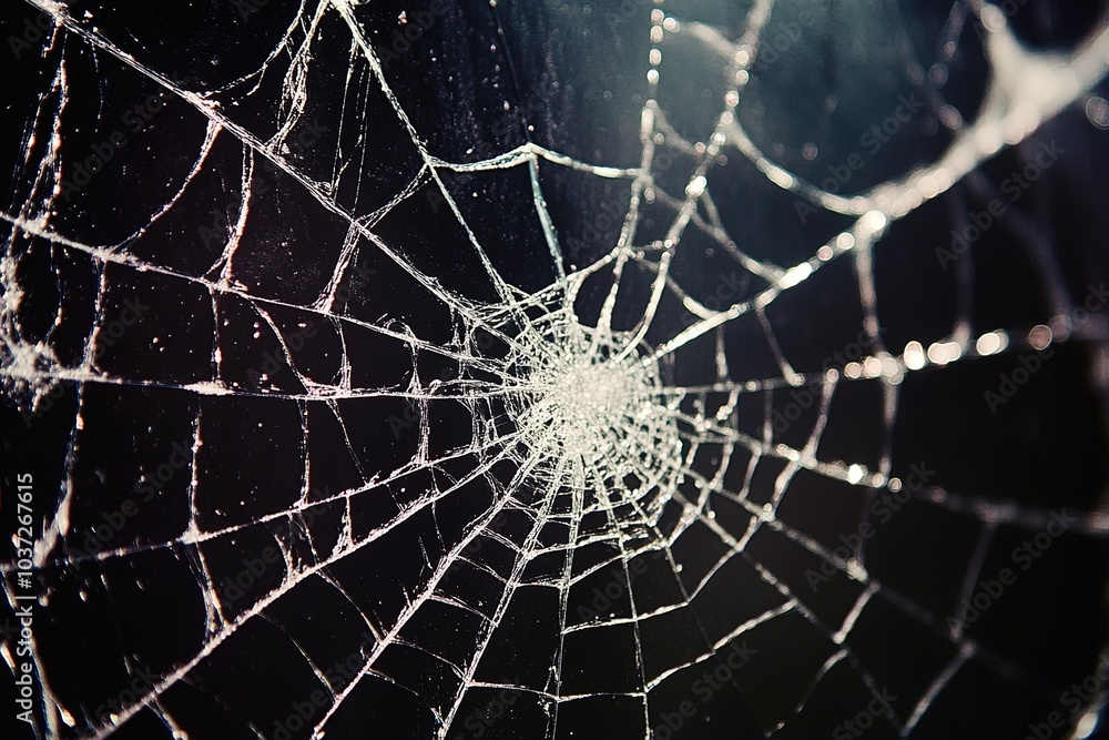 A close-up of the cracked screen, showing intricate patterns and textures that resemble spider webs against an ominous black background A close-up of the cracked screen, showing intricate patterns and textures that resemble spider webs against an ominous black background