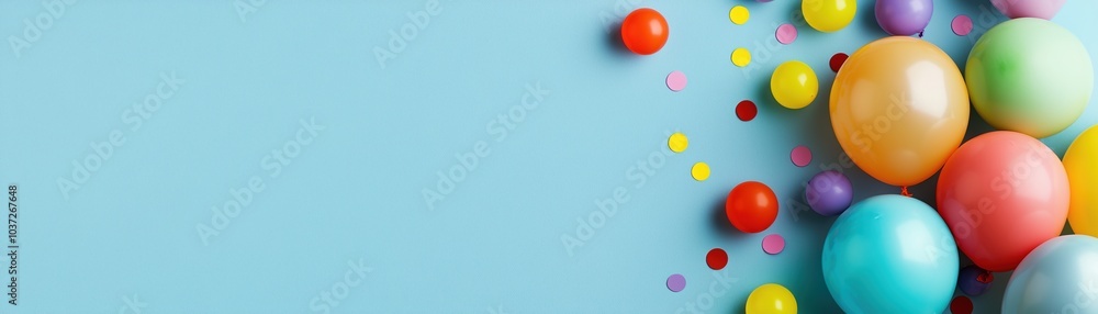 Colorful balloons and confetti on a blue background, perfect for celebration themes and party invitations. Colorful balloons and confetti on a blue background, perfect for celebration themes and party invitations.