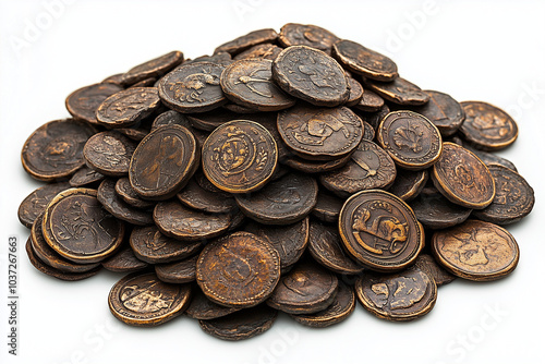 Ancient treasure coins isolated on the white background.