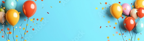 Colorful balloons and confetti on a vibrant blue background, perfect for celebrations and festive occasions.