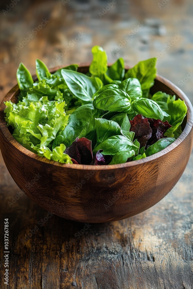 Freshly harvested mixed greens in a wooden bowl on a rustic table surrounded by vibrant herbs Freshly harvested mixed greens in a wooden bowl on a rustic table surrounded by vibrant herbs