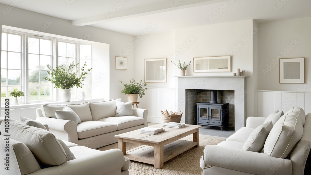Cozy bright living room with neutral sofas, fireplace, and natural decor Cozy bright living room with neutral sofas, fireplace, and natural decor