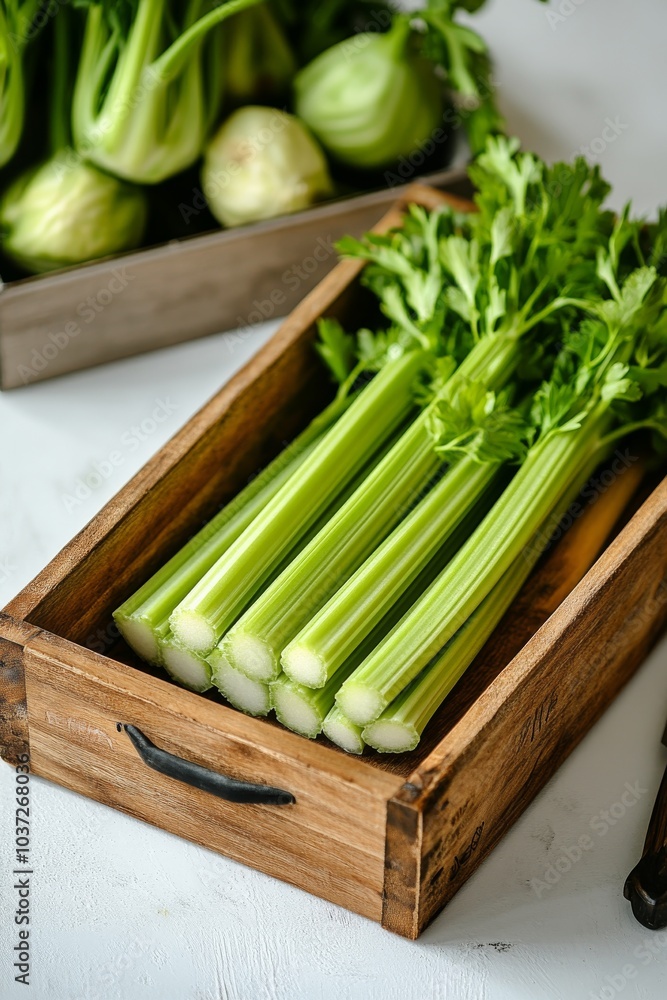 Freshly harvested celery arranged in a rustic wooden crate on a kitchen countertop Freshly harvested celery arranged in a rustic wooden crate on a kitchen countertop