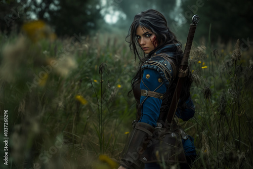 Beautiful medieval girl woman a warrior with the sword in hands standing among the meadow.