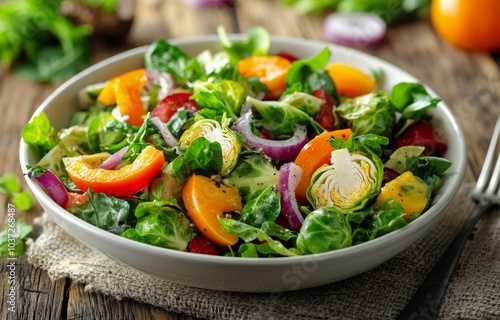 Fresh vegetable salad with Brussels sprouts, tomatoes, and herbs on a wooden table