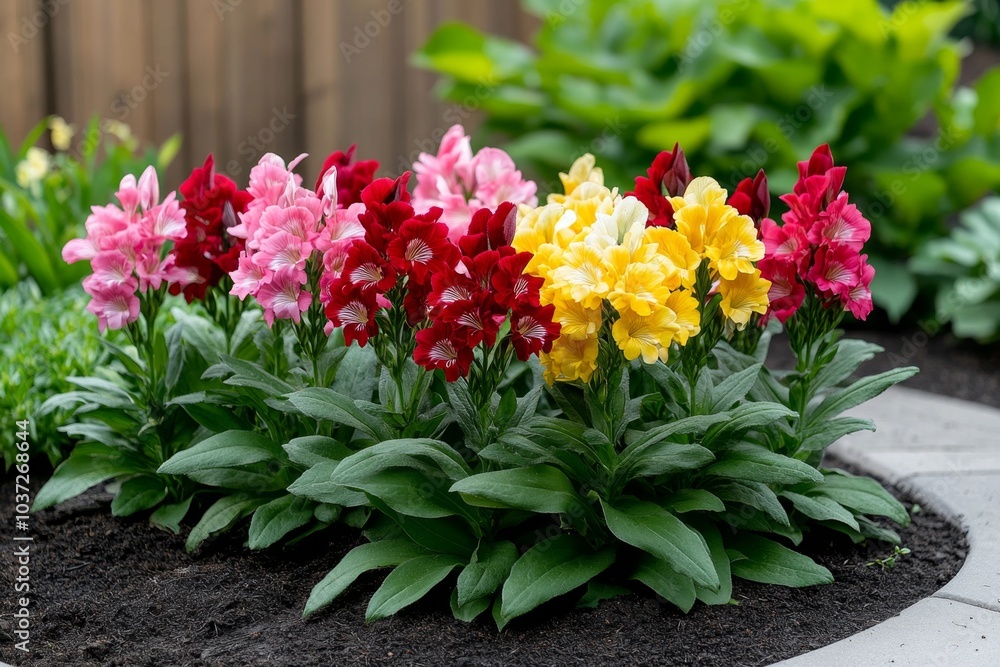 Antirrhinum (Snapdragons) in a variety of colors, with red, pink, and yellow blooms standing tall in a garden bed Antirrhinum (Snapdragons) in a variety of colors, with red, pink, and yellow blooms standing tall in a garden bed