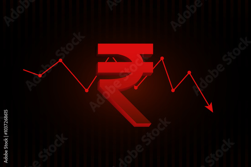 Lowering of the rupee neon. Rupee down symbol. Money down icon set. Prise low arrow sign in vector flat style
