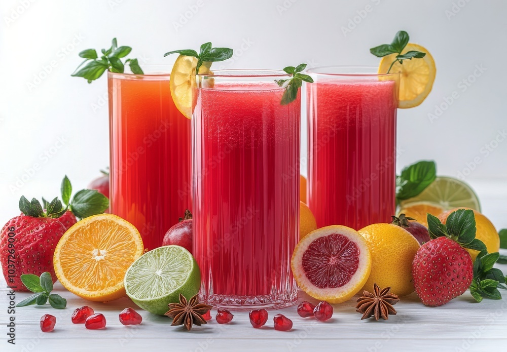 Refreshing fruit cocktails arranged on a wooden table with vibrant garnishes and fresh fruits Refreshing fruit cocktails arranged on a wooden table with vibrant garnishes and fresh fruits