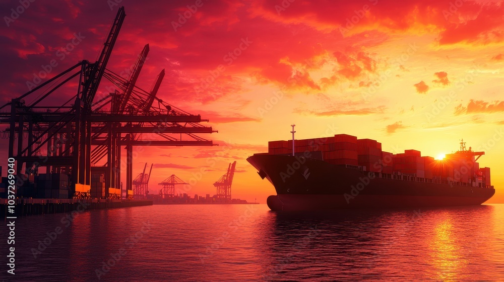 Cargo ship navigating harbor at sunset with cranes in silhouette. Cargo ship navigating harbor at sunset with cranes in silhouette.