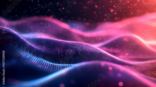 abstract glowing wave texture with pink and blue gradients, dynamic flowing lines and sparkling particles, futuristic digital background with vibrant light effects, concept of energy and motion