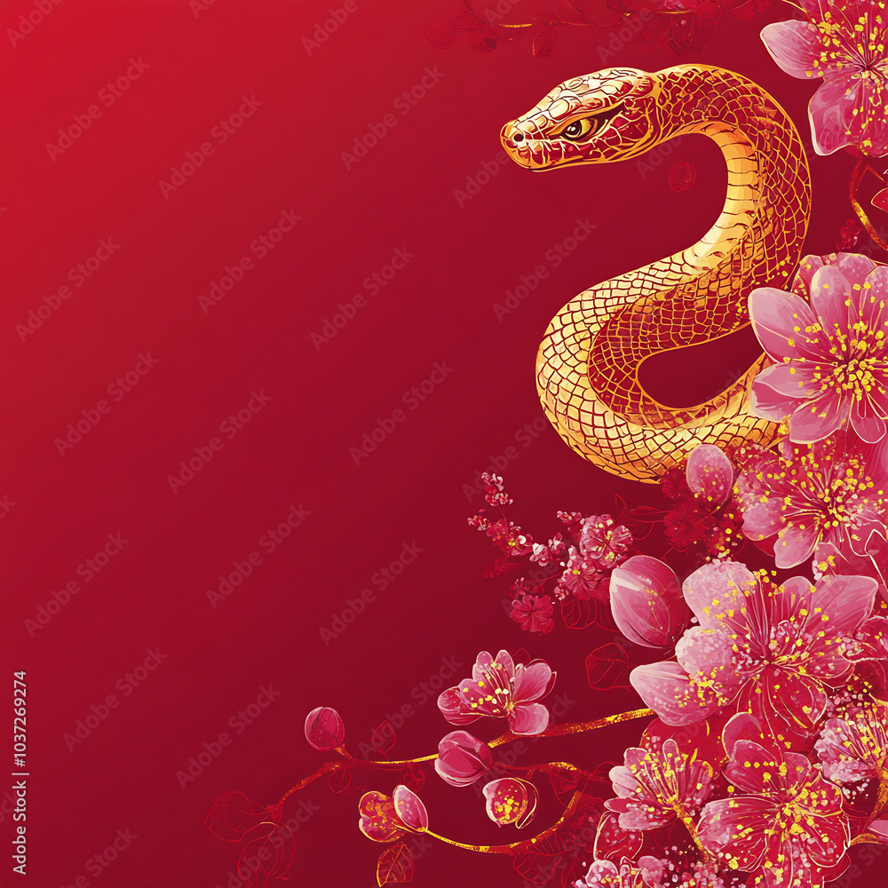 Golden snake entwined among blooming pink flowers on a vibrant red background for festive celebrations Golden snake entwined among blooming pink flowers on a vibrant red background for festive celebrations