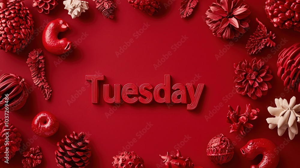 Creative Tuesday text surrounded by various red decorative elements on a vibrant red background. Creative Tuesday text surrounded by various red decorative elements on a vibrant red background.