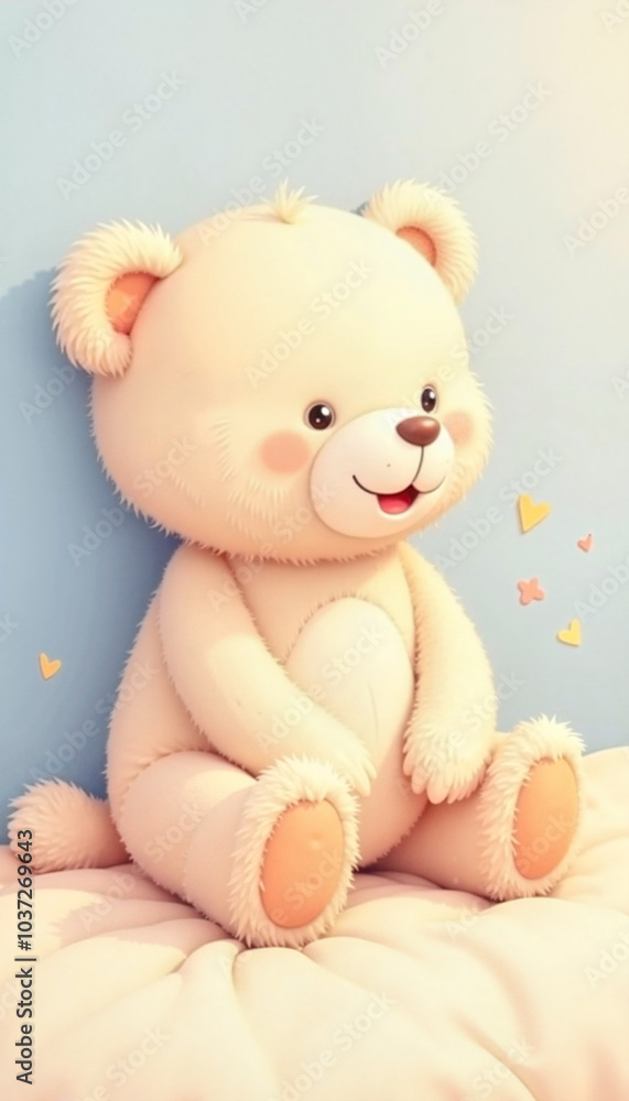 Cute plush teddy bear sitting on a soft surface with a cheerful expression Cute plush teddy bear sitting on a soft surface with a cheerful expression