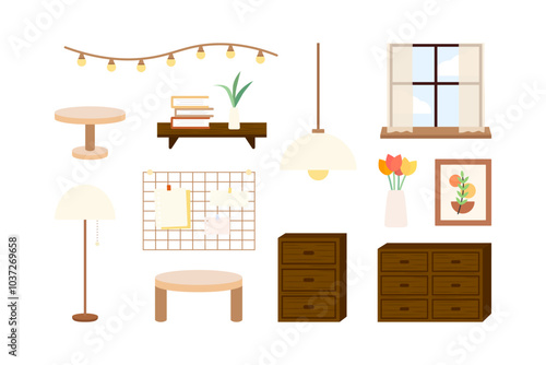Modern home interior decoration collection. Potted plant, shelf, wooden drawer, window, light bulb, wall grid, floor lamp, coffee table. Flat decorative vector design isolated illustration.