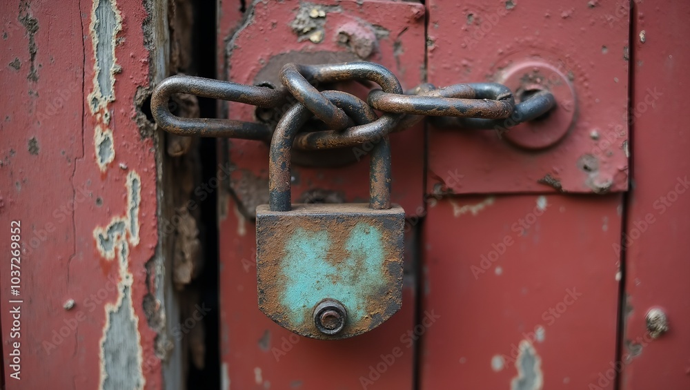 Rusted padlock on weathered barn door Rusted padlock on weathered barn door