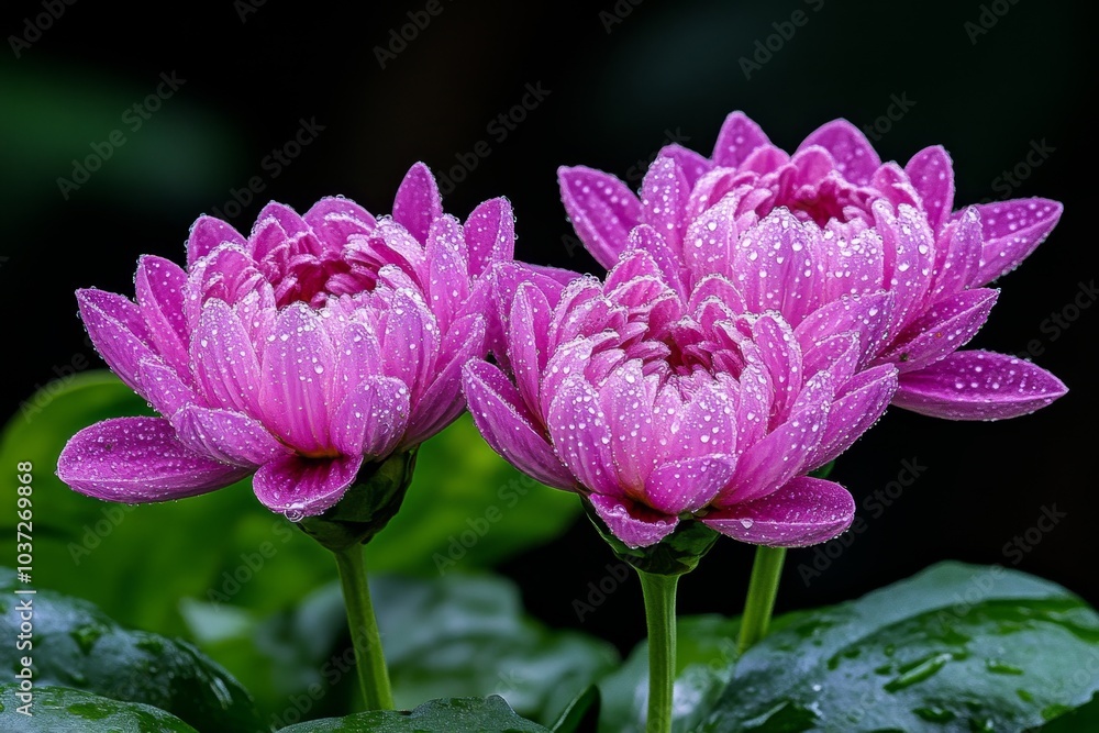 Naklejka premium Chrysanthemum blooms drenched in morning dew, their petals glistening in the soft light of dawn