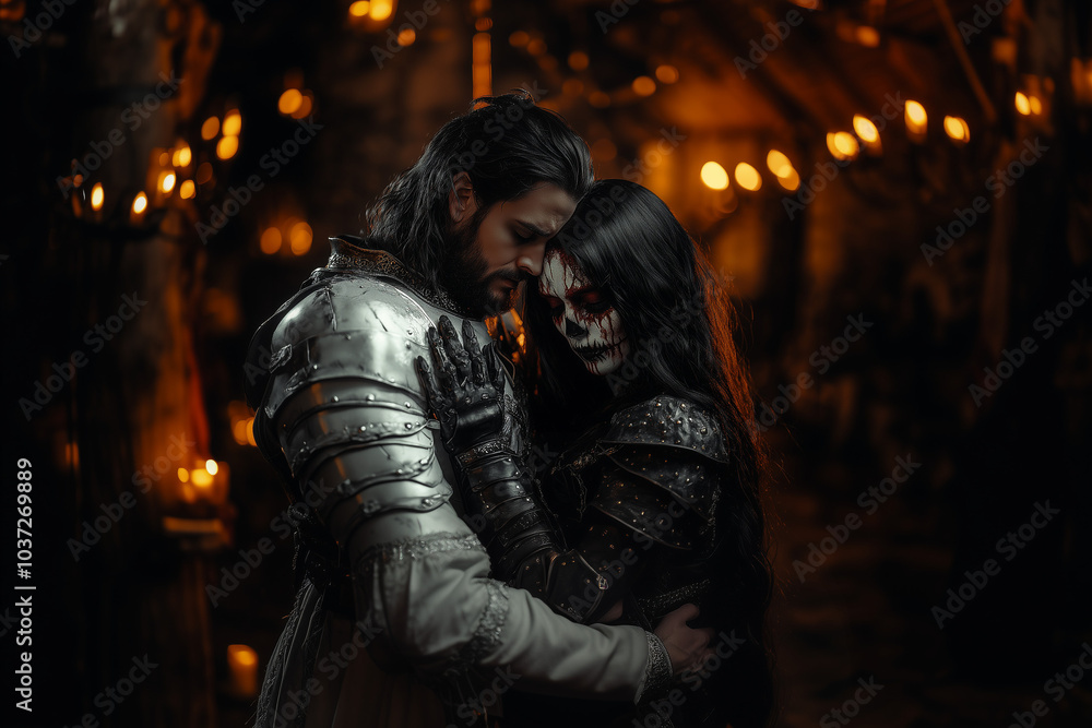 Medieval man a knight in heavy white armor embracing a beautiful girl a death in black dress on ancient dark background. Medieval man a knight in heavy white armor embracing a beautiful girl a death in black dress on ancient dark background.