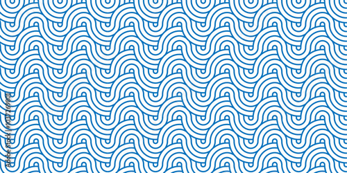 Abstract Overlapping Pattern. Seamless geometric ocean spiral pattern and abstract circle wave lines. blue seamless tile stripe geomatics create retro square line backdrop pattern background.