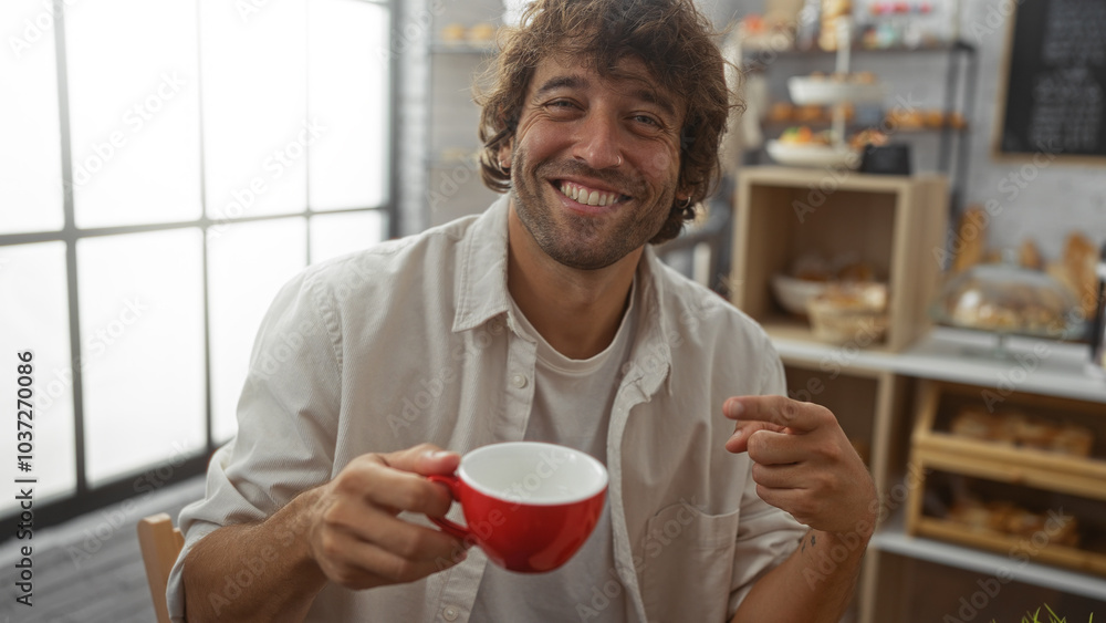 Young man in a bakery holding a red cup and smiling while pointing at it in a cheerful indoor setting Young man in a bakery holding a red cup and smiling while pointing at it in a cheerful indoor setting